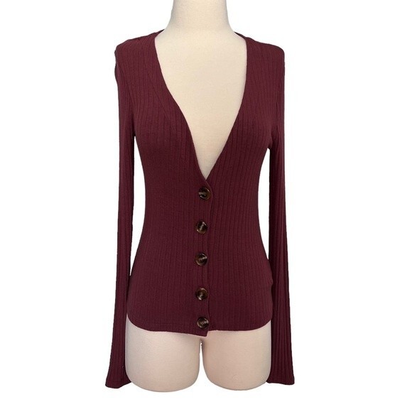 UO Out from Under Rust Ribbed Button Down V-Neck Cardigan Size Small Y2K - Picture 1 of 8